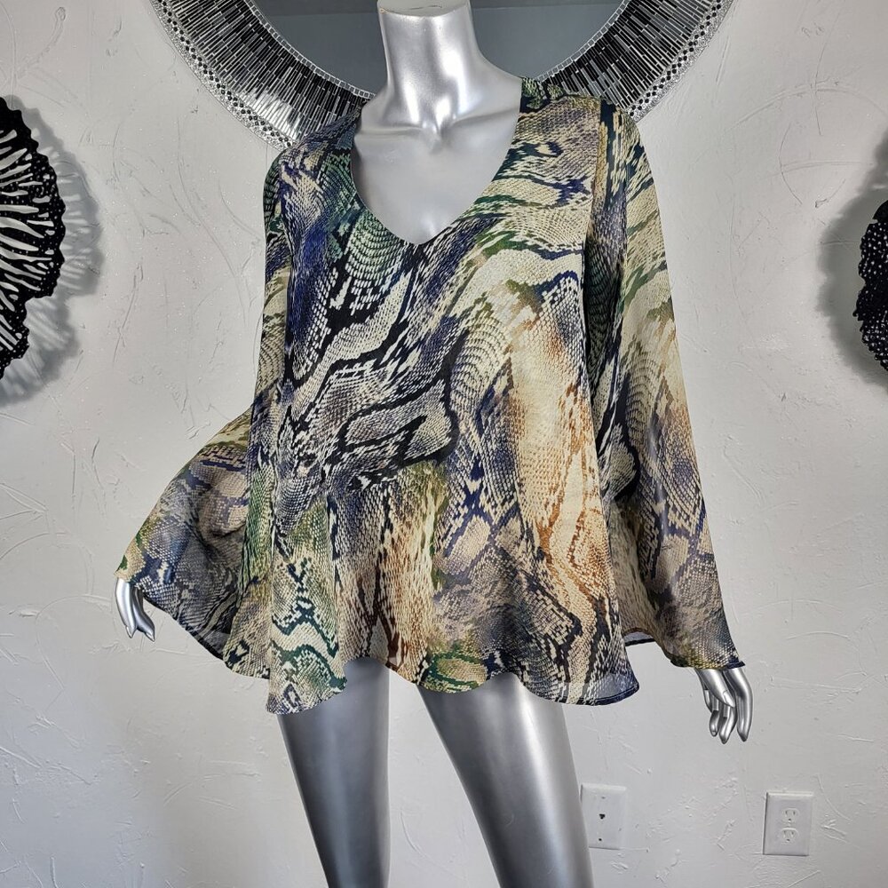 SHOW ME YOUR MUMU~M~BROWN BLACK SNAKESKIN ANIMAL PRINT TUNIC TOP BLOUSE PEASANT